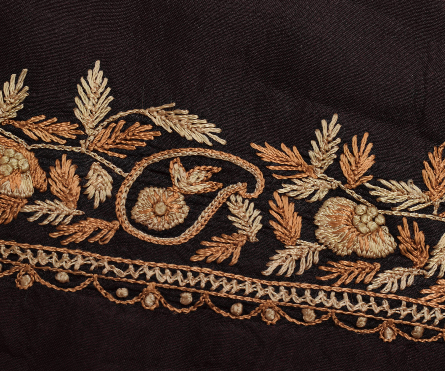 Sushila Vintage Brown Sari Remnant Scrap Pure Silk Hand Embroidered Craft Fabric