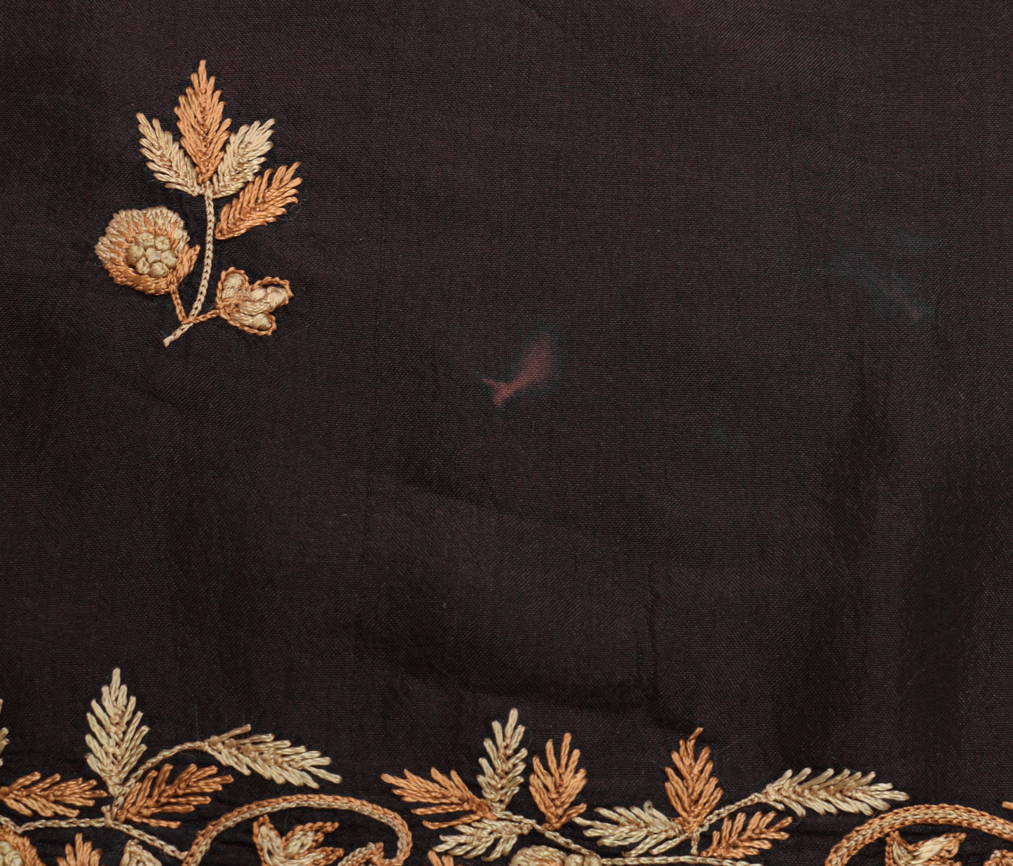 Sushila Vintage Brown Sari Remnant Scrap Pure Silk Hand Embroidered Craft Fabric