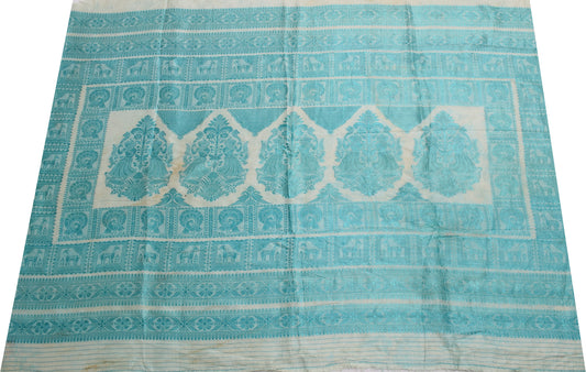 Sushila Vintage Cream Sari Remnant Scrap Pure Silk Woven Humans Craft Fabric