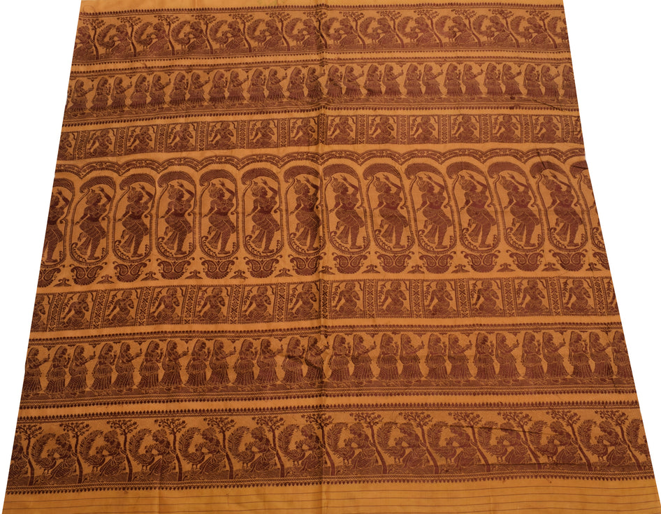 Sushila Vintage Brown Sari Remnant Scrap Pure Silk Baluchari Woven Craft Fabric