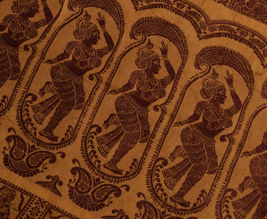 Sushila Vintage Brown Sari Remnant Scrap Pure Silk Baluchari Woven Craft Fabric