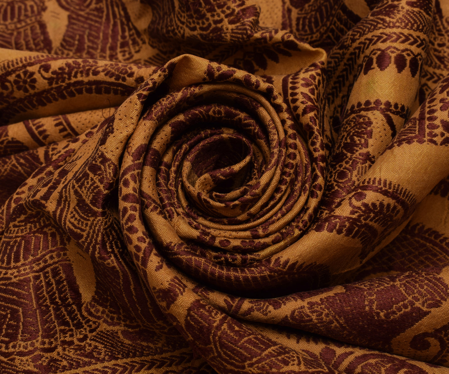 Sushila Vintage Brown Sari Remnant Scrap Pure Silk Baluchari Woven Craft Fabric