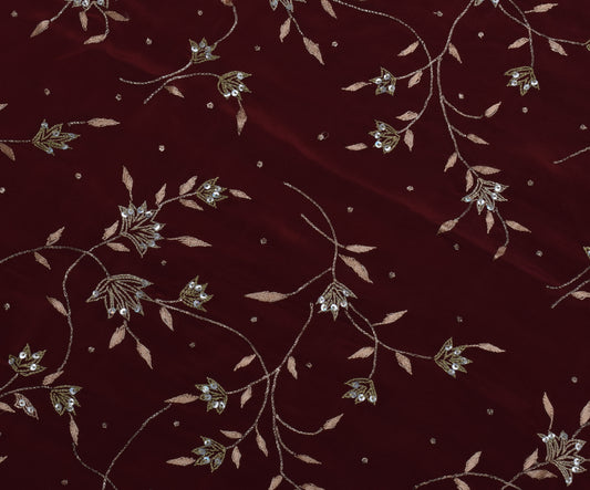 Sushila Vintage Maroon Sari Remnant Scrap Blend Crepe Embroidered Craft Fabric