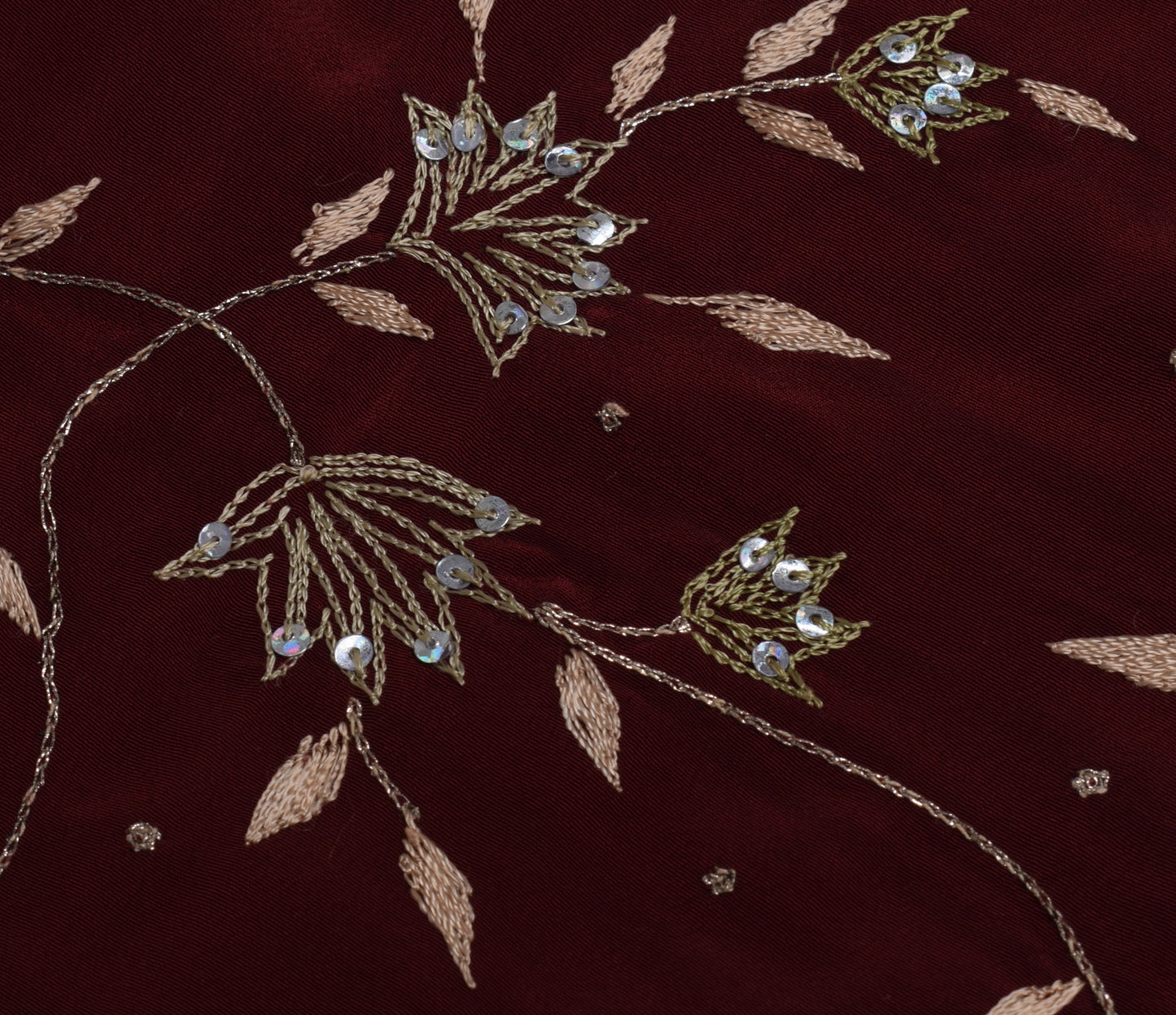 Sushila Vintage Maroon Sari Remnant Scrap Blend Crepe Embroidered Craft Fabric