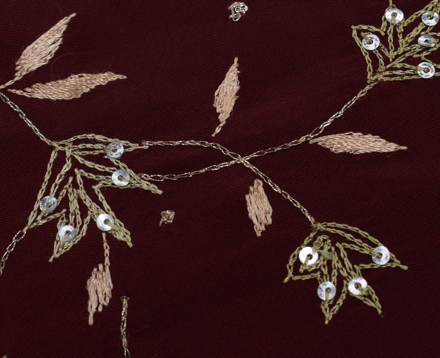 Sushila Vintage Maroon Sari Remnant Scrap Blend Crepe Embroidered Craft Fabric
