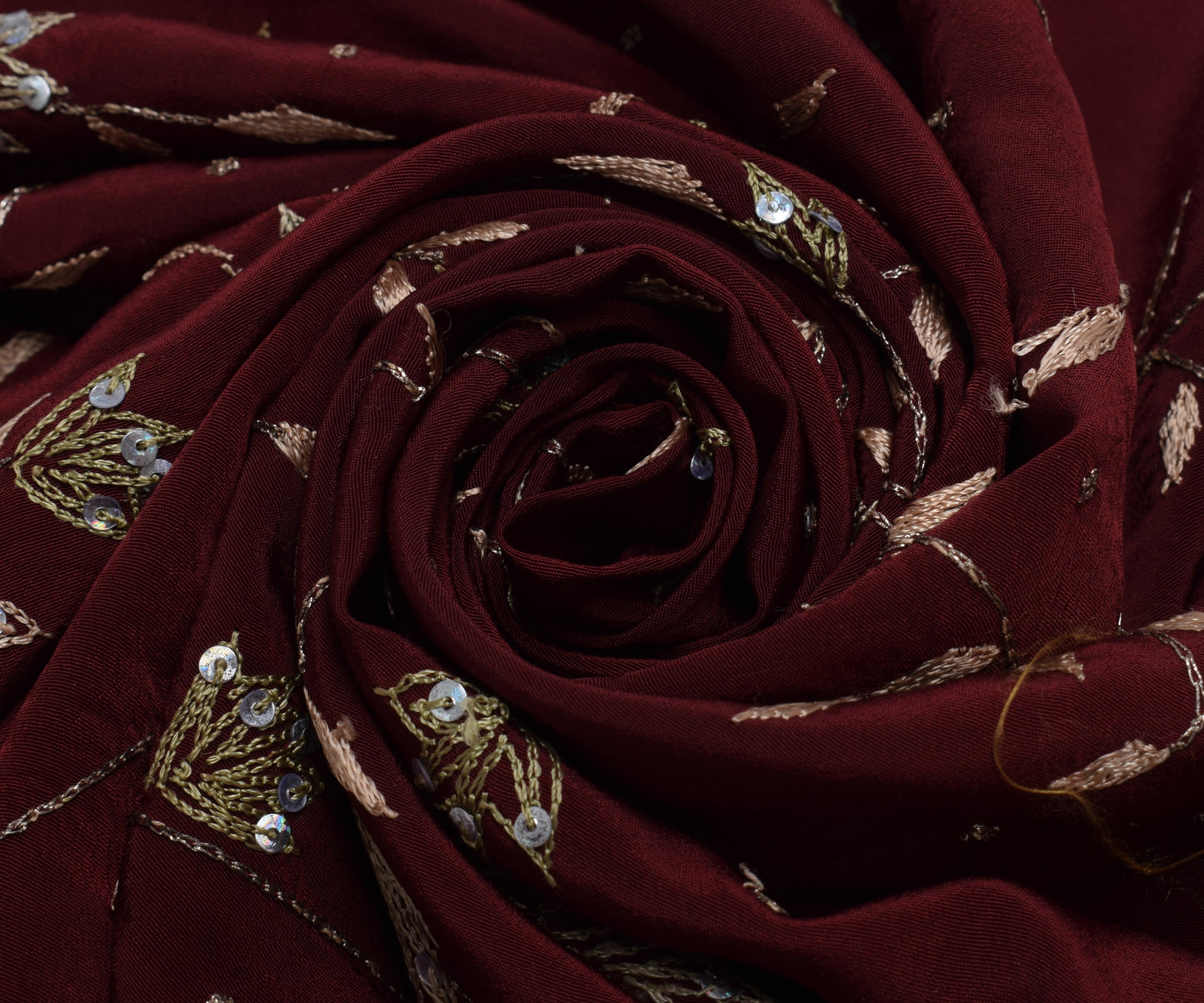 Sushila Vintage Maroon Sari Remnant Scrap Blend Crepe Embroidered Craft Fabric