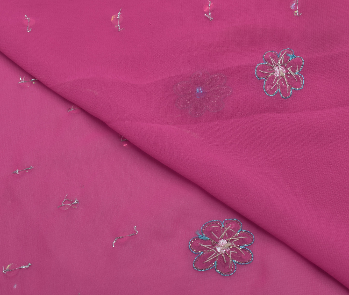 Sushila Vintage Pink Sari Remnant Scrap Blend Georgette Silk Beaded Craft Fabric