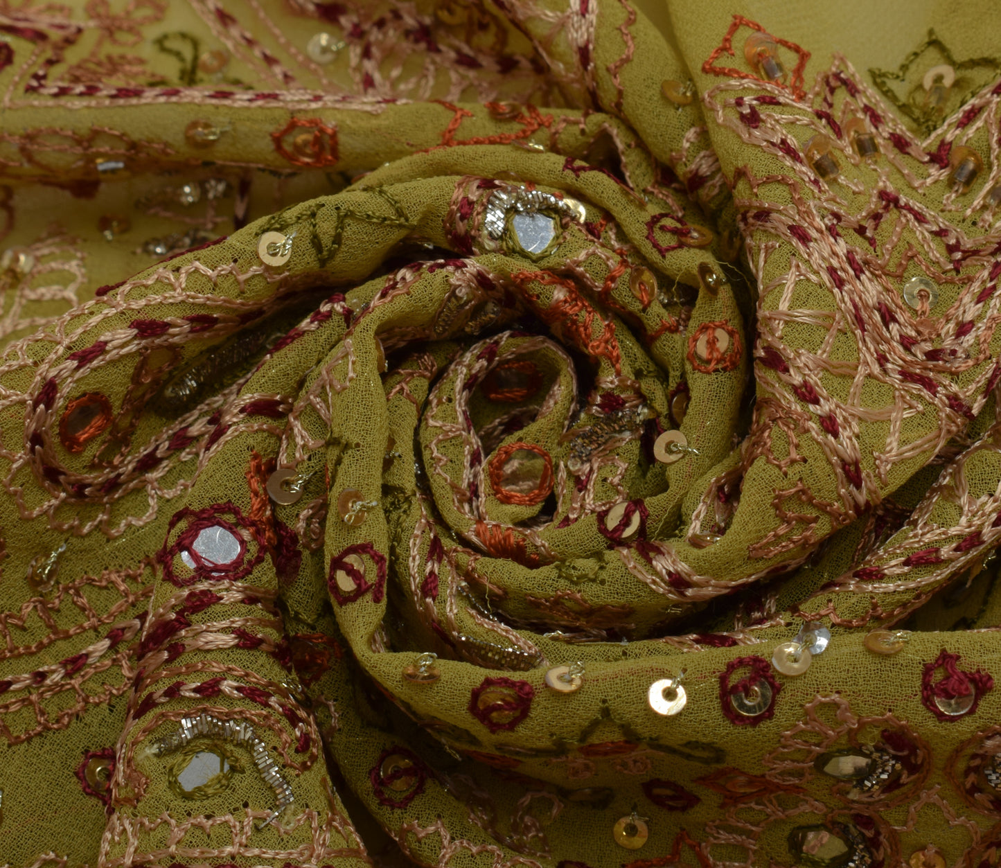 Sushila Vintage Sari Remnant Scrap Blend Georgette Hand Embroidered Craft Fabric
