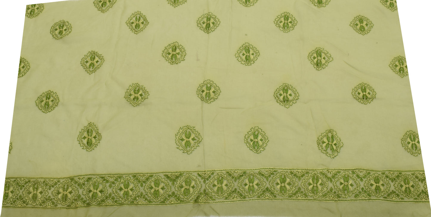 Sushila Vintage Green Sari Remnant Scrap Pure Georgette Embroidered Craft Fabric