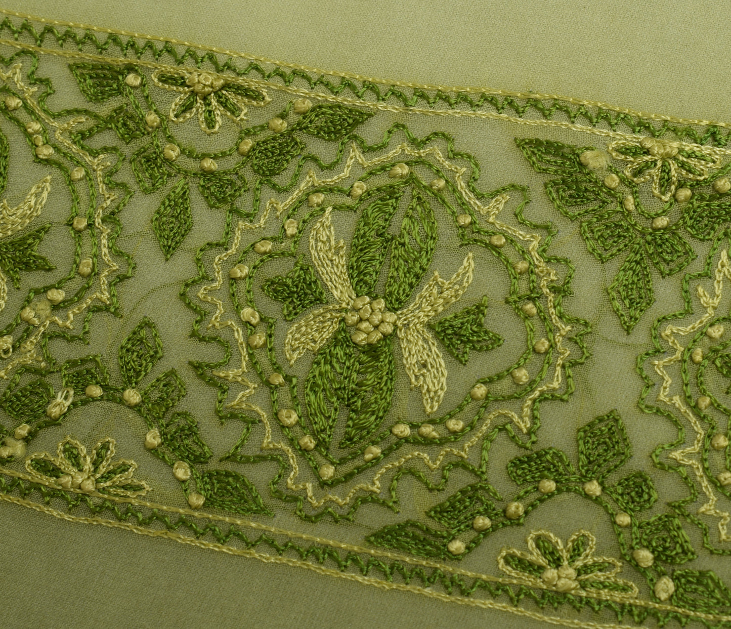 Sushila Vintage Green Sari Remnant Scrap Pure Georgette Embroidered Craft Fabric