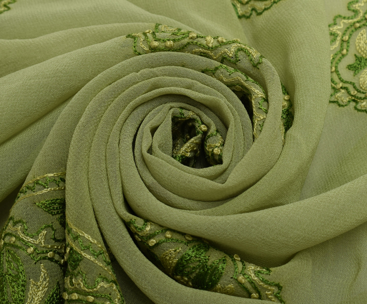 Sushila Vintage Green Sari Remnant Scrap Pure Georgette Embroidered Craft Fabric