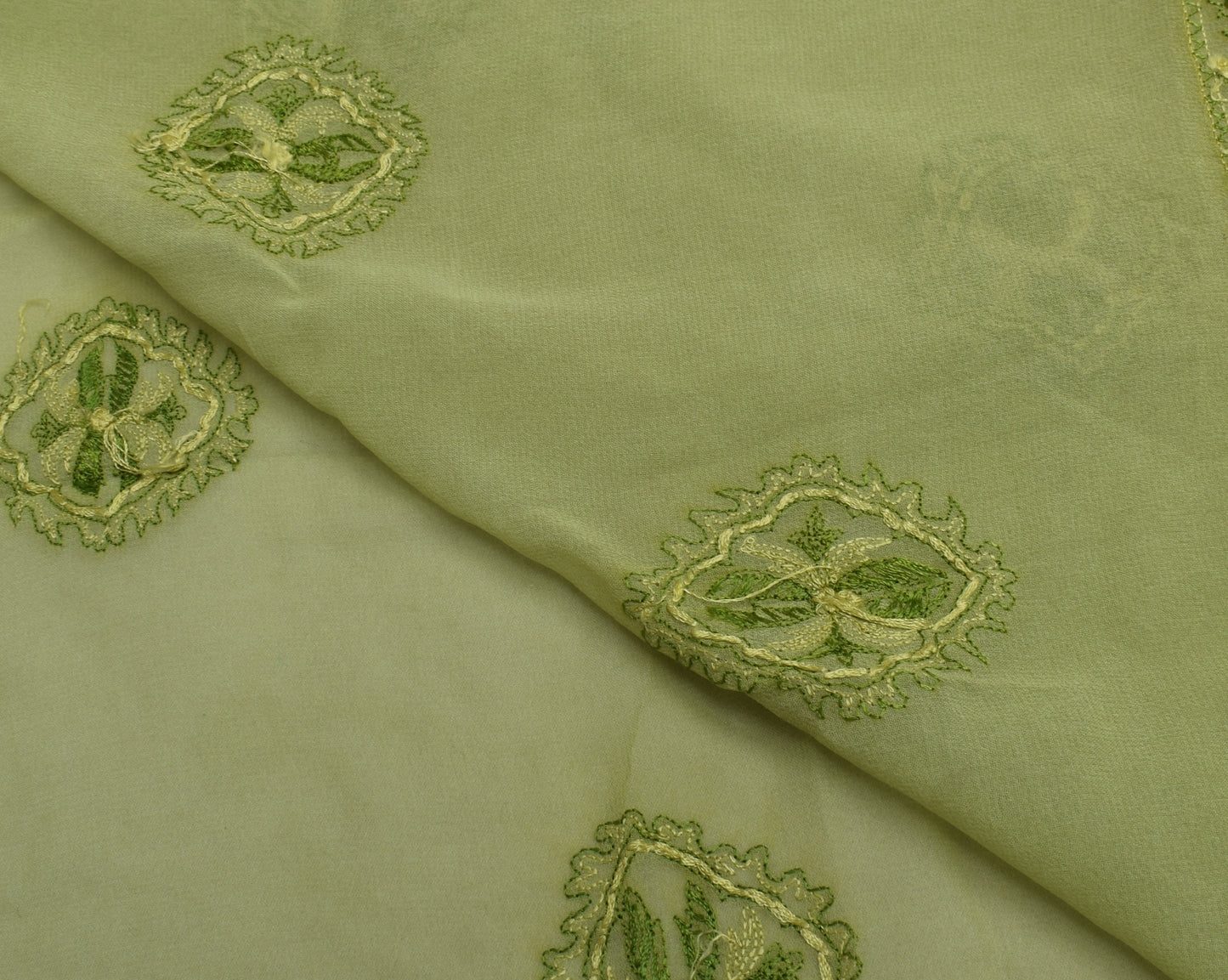 Sushila Vintage Green Sari Remnant Scrap Pure Georgette Embroidered Craft Fabric