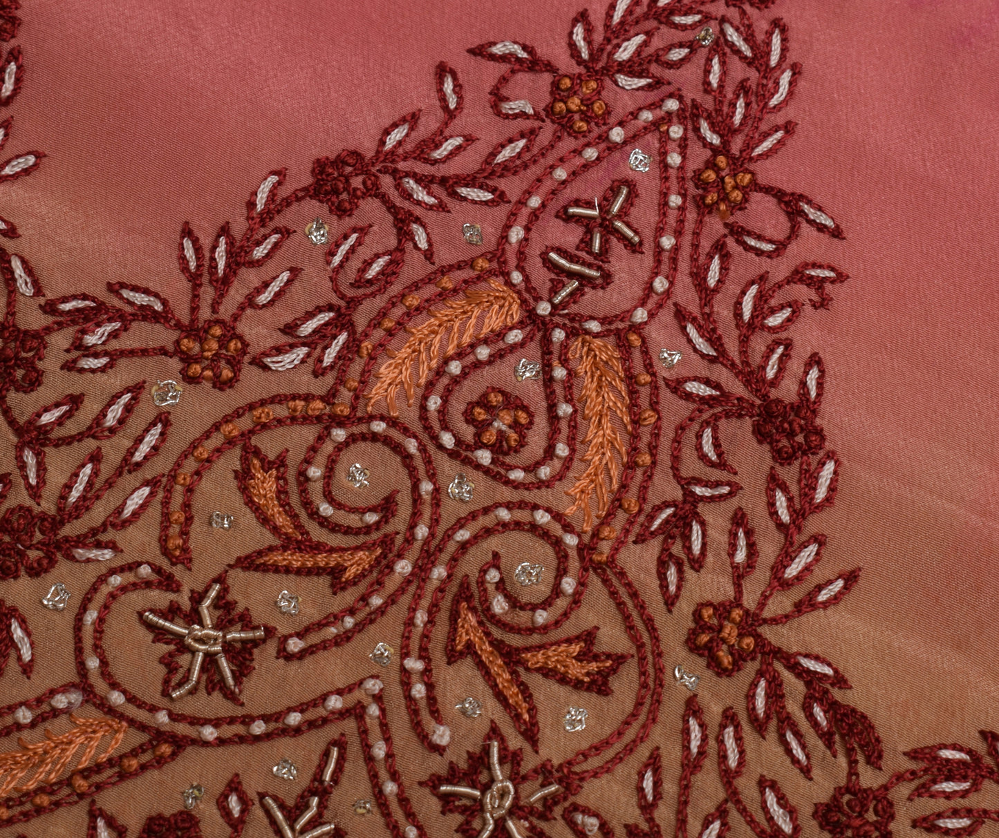 Sushila Vintage Indian Sari Remnant Scrap Pure Crepe Embroidered Craft Fabric