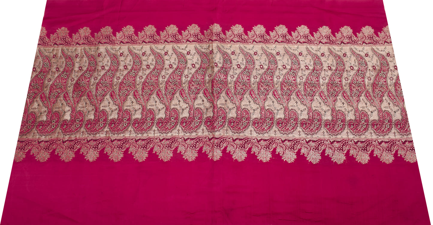 Sushila Vintage Dark Pink Sari Remnant Scrap Pure Silk Zari Woven Craft Fabric