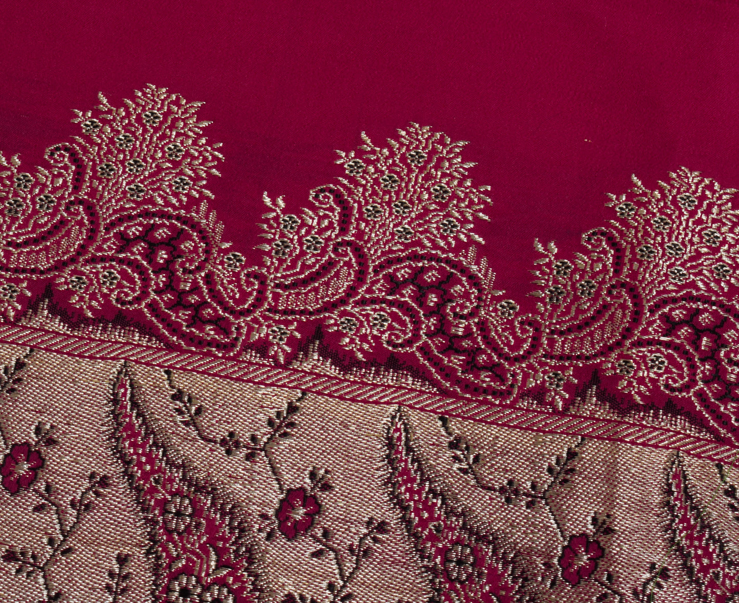 Sushila Vintage Dark Pink Sari Remnant Scrap Pure Silk Zari Woven Craft Fabric