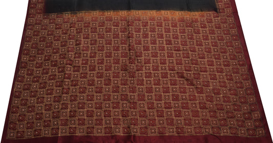 Sushila Vintage Brown Sari Remnant Scrap 100% Pure Silk Hand Beaded Craft Fabric