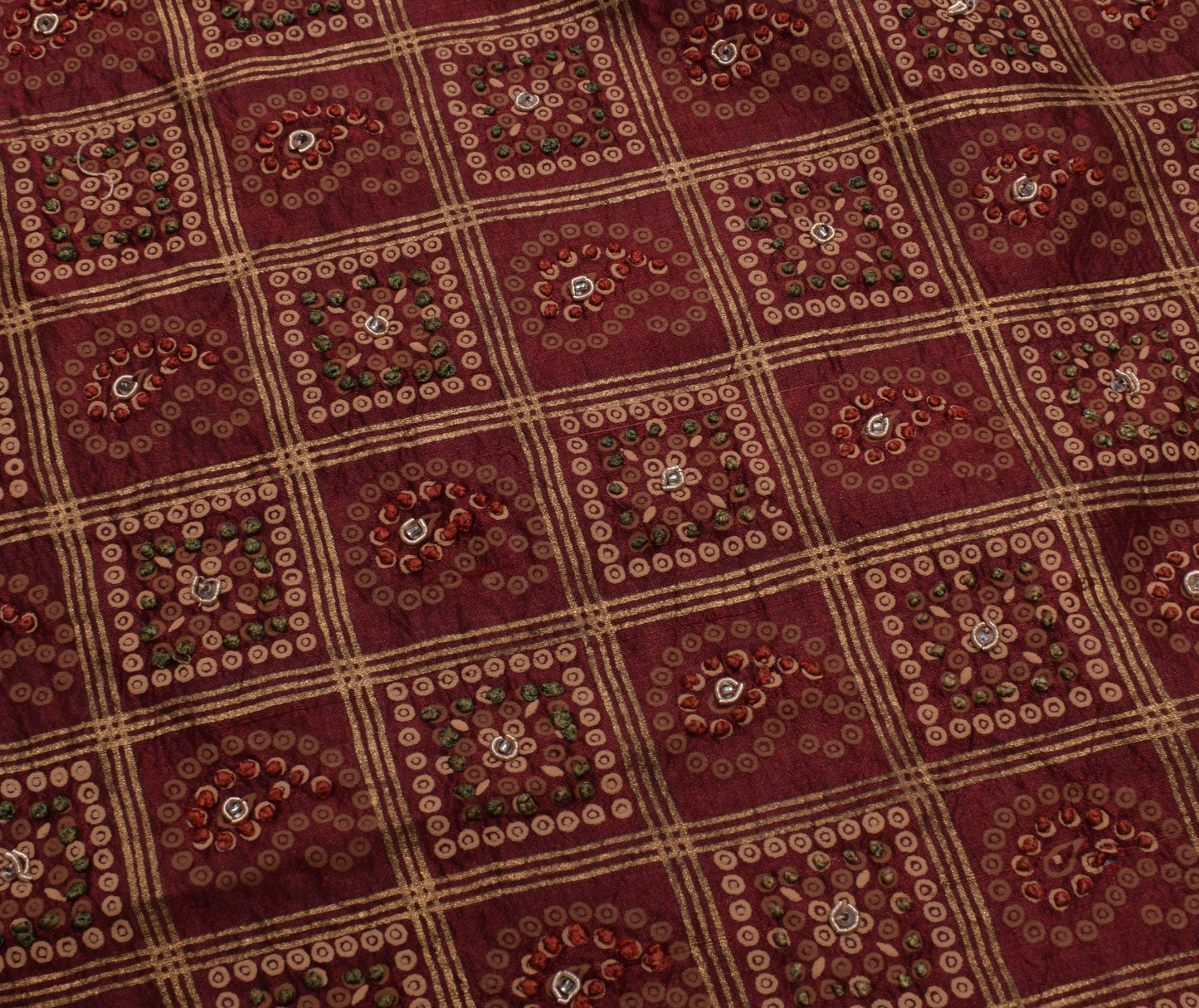 Sushila Vintage Brown Sari Remnant Scrap 100% Pure Silk Hand Beaded Craft Fabric