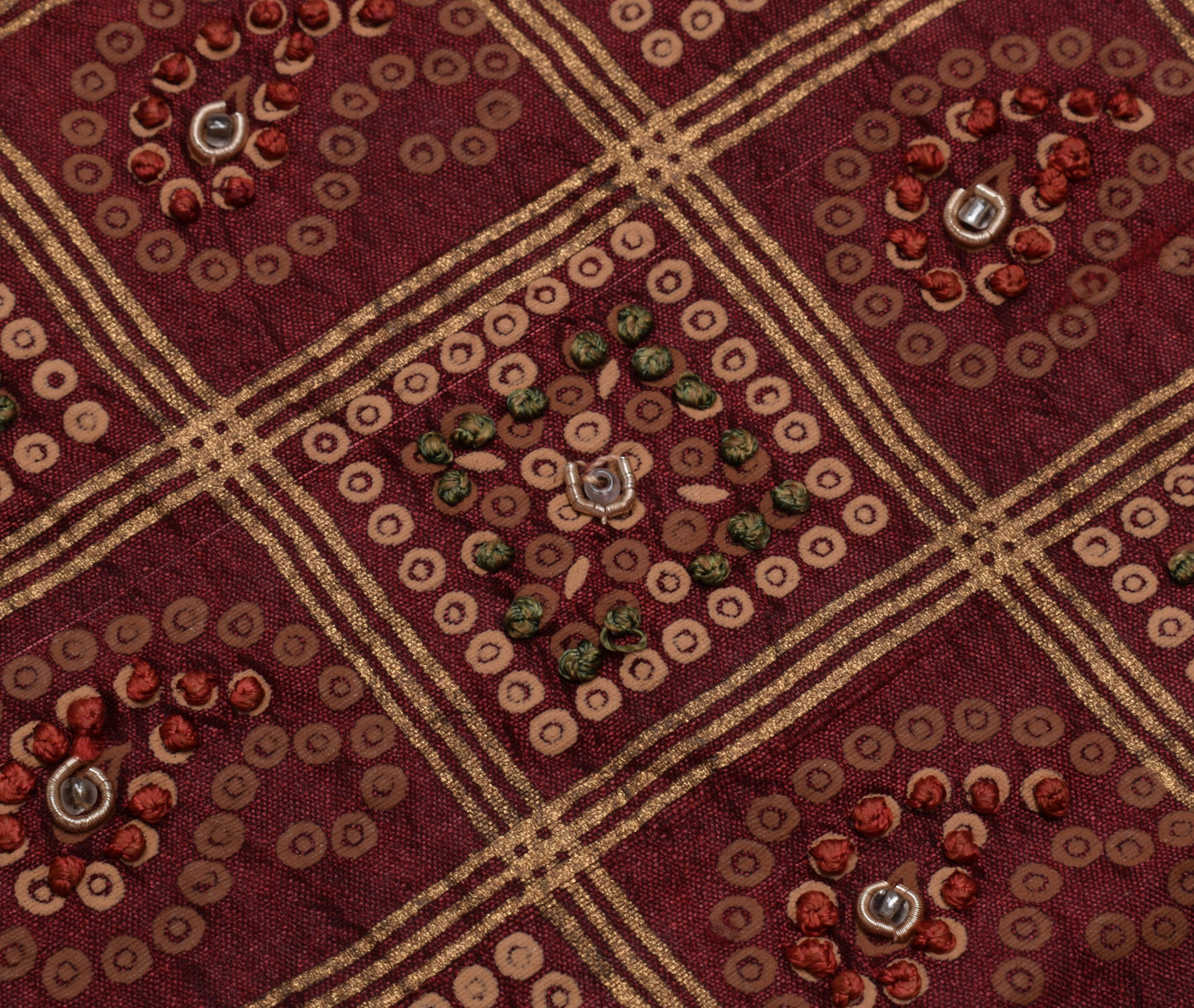 Sushila Vintage Brown Sari Remnant Scrap 100% Pure Silk Hand Beaded Craft Fabric