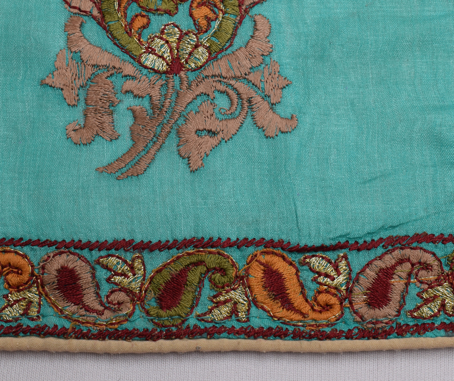 Sushila Vintage Blue Sari Remnant Scrap 100% Pure Silk Embroidered Craft Fabric