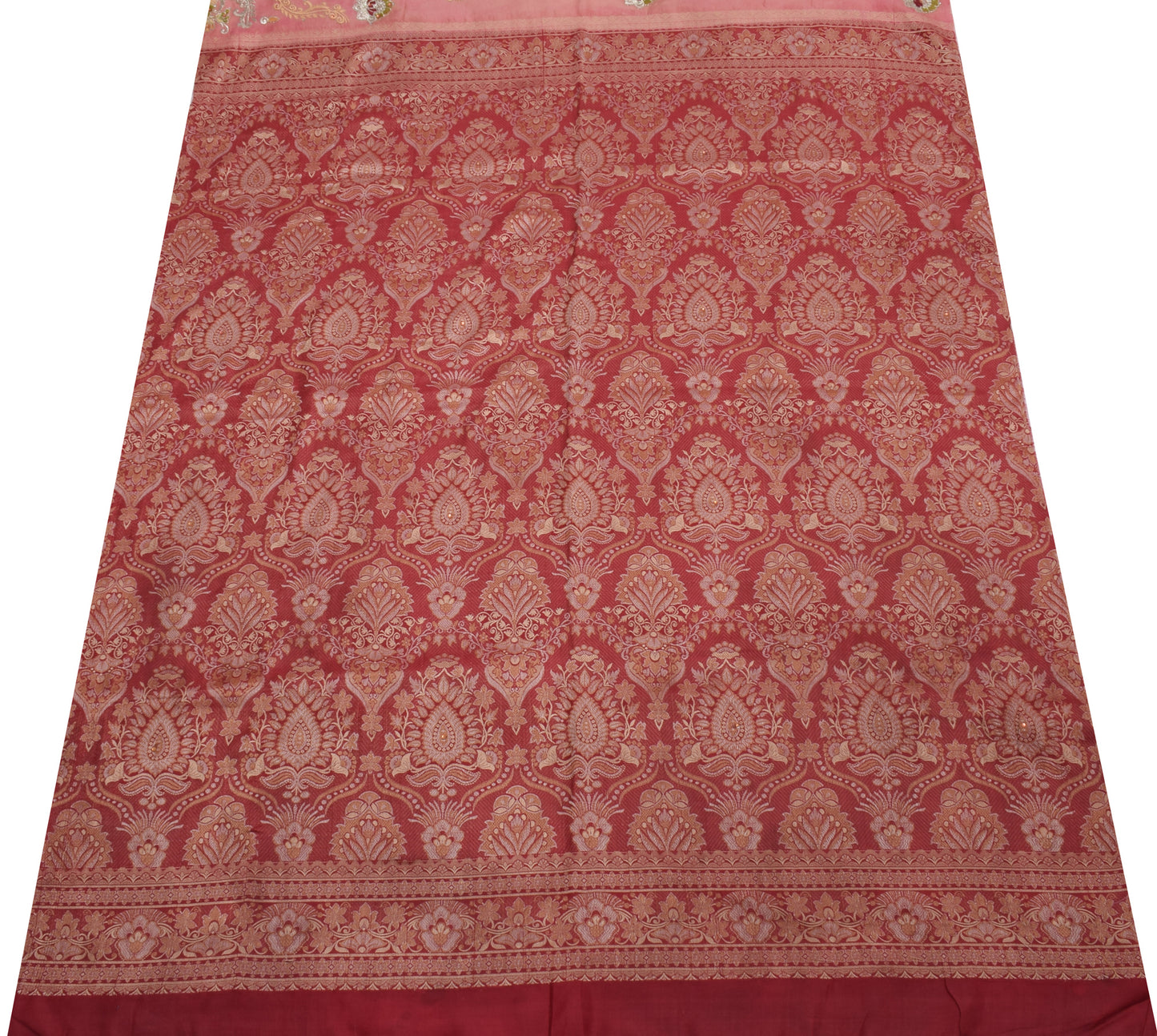 Sushila Vintage Red Indian Sari Remnant Scrap 100% Pure Silk Woven Craft Fabric