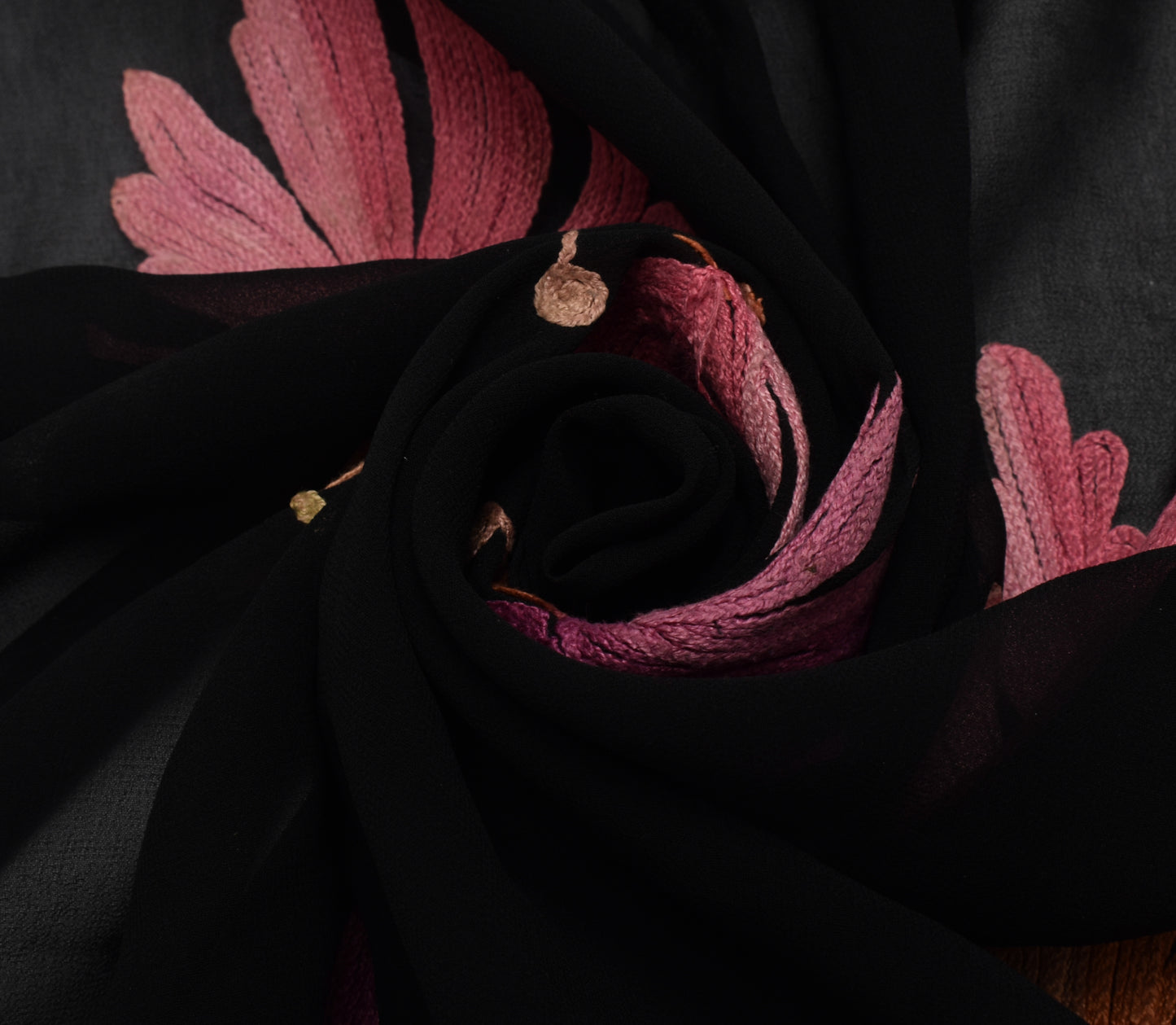 Sushila Vintage Black Sari Remnant Scrap Blend Georgette Embroidery Craft Fabric