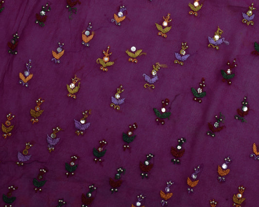 Sushila Vintage Purple Sari Remnant Scrap Pure Georgette Embroidery Craft Fabric