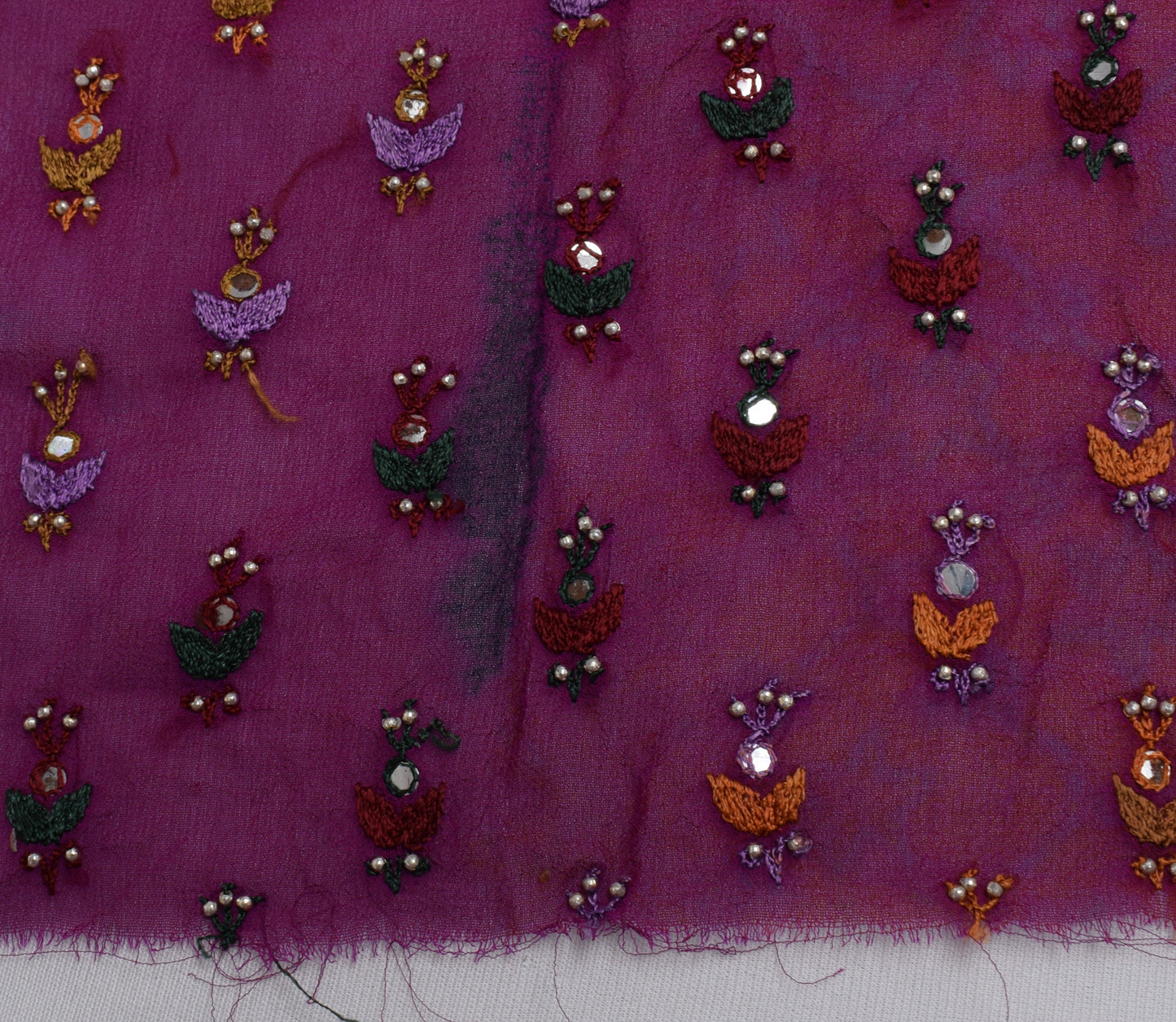 Sushila Vintage Purple Sari Remnant Scrap Pure Georgette Embroidery Craft Fabric