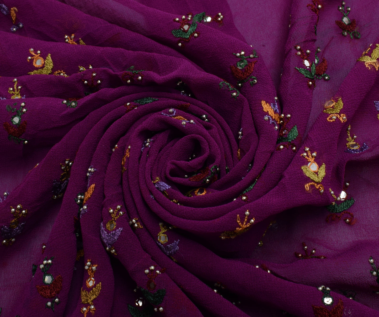 Sushila Vintage Purple Sari Remnant Scrap Pure Georgette Embroidery Craft Fabric