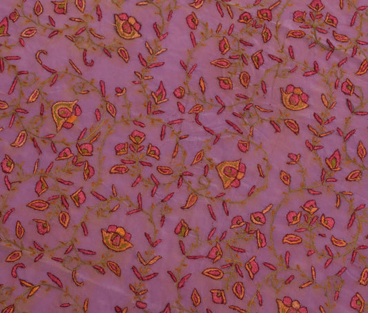 Sushila Vintage Purple Sari Remnant Scrap Pure Silk Embroidered Craft Fabric