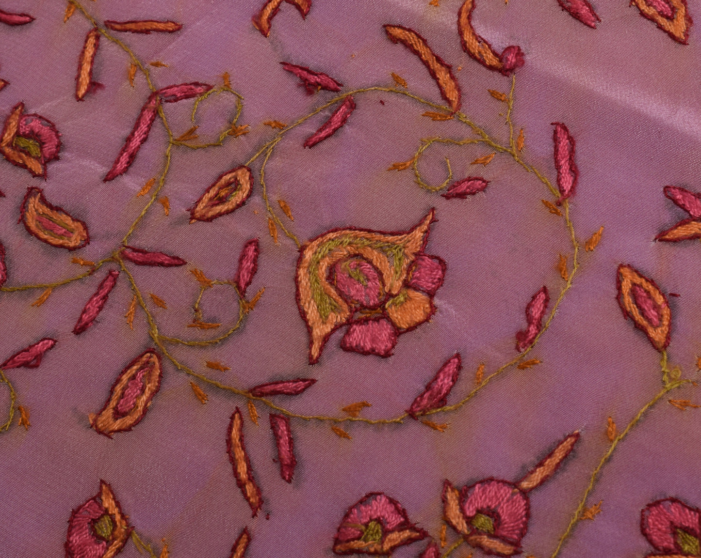 Sushila Vintage Purple Sari Remnant Scrap Pure Silk Embroidered Craft Fabric