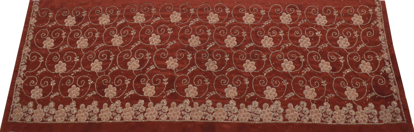 Sushila Vintage Brown Sari Remnant Scrap Blend Silk Hand Beaded Craft Fabric
