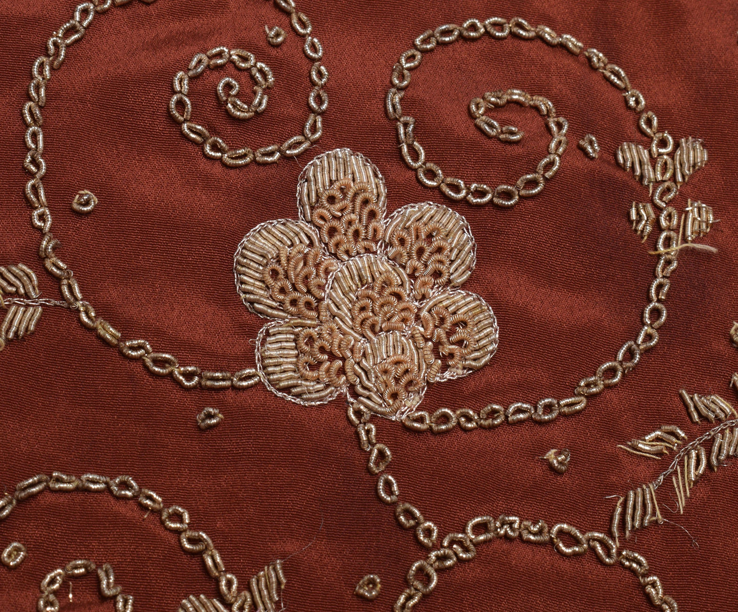 Sushila Vintage Brown Sari Remnant Scrap Blend Silk Hand Beaded Craft Fabric