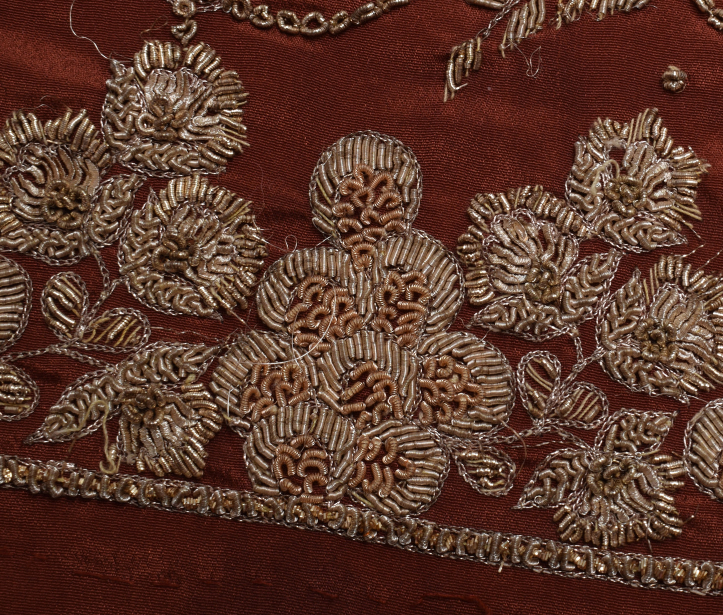 Sushila Vintage Brown Sari Remnant Scrap Blend Silk Hand Beaded Craft Fabric