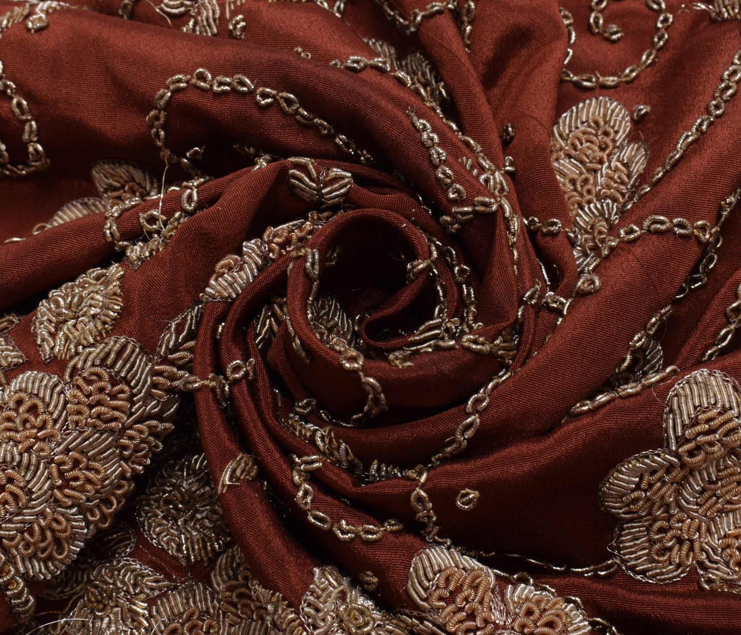 Sushila Vintage Brown Sari Remnant Scrap Blend Silk Hand Beaded Craft Fabric