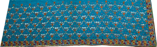 Sushila Vintage Blue Sari Remnant Scrap 100% Pure Silk Embroidered Craft Fabric