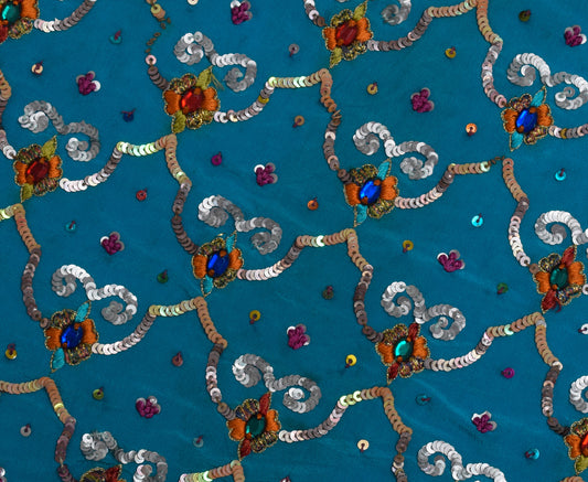 Sushila Vintage Blue Sari Remnant Scrap 100% Pure Silk Embroidered Craft Fabric