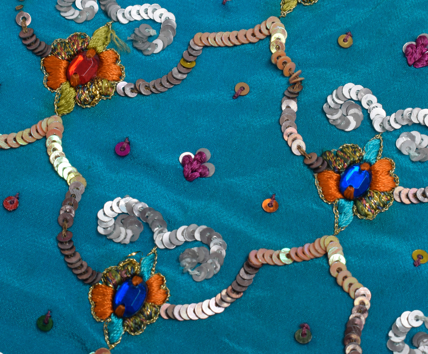 Sushila Vintage Blue Sari Remnant Scrap 100% Pure Silk Embroidered Craft Fabric