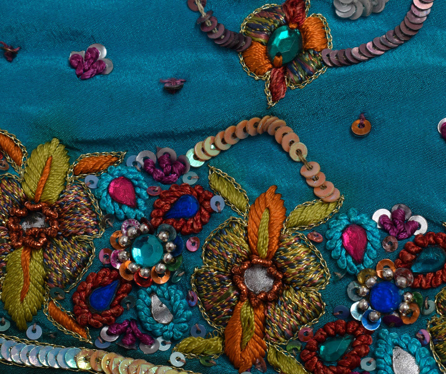 Sushila Vintage Blue Sari Remnant Scrap 100% Pure Silk Embroidered Craft Fabric