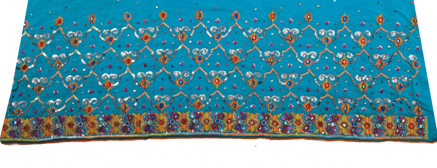 Sushila Vintage Blue Sari Remnant Scrap 100% Pure Silk Embroidered Craft Fabric