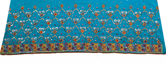 Sushila Vintage Blue Sari Remnant Scrap 100% Pure Silk Embroidered Craft Fabric