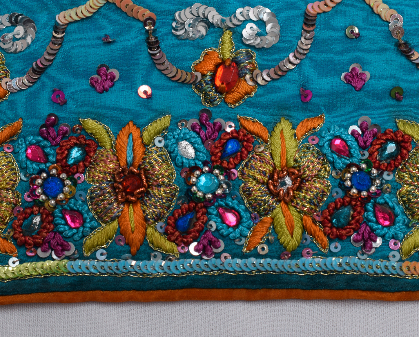 Sushila Vintage Blue Sari Remnant Scrap 100% Pure Silk Embroidered Craft Fabric