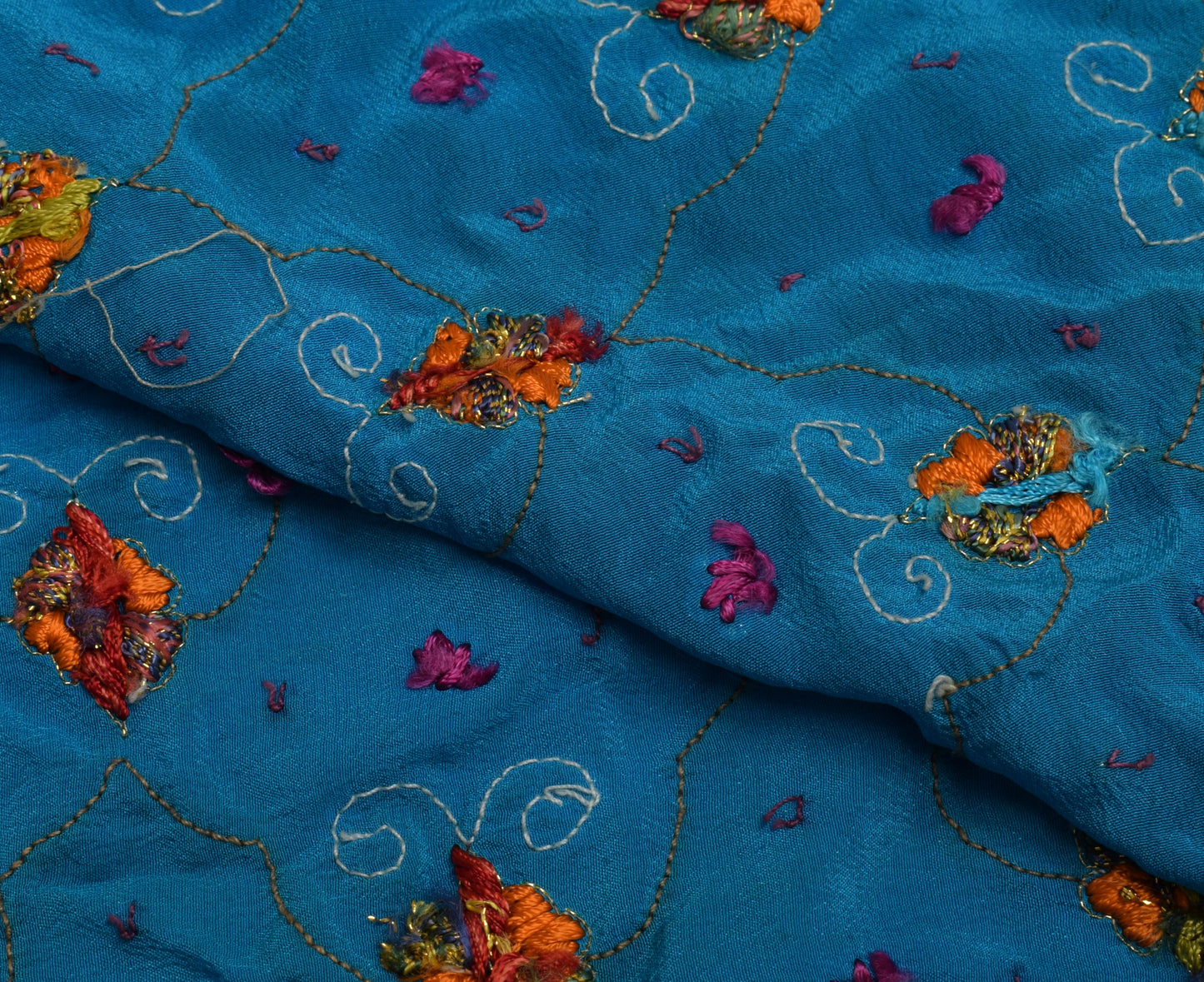 Sushila Vintage Blue Sari Remnant Scrap 100% Pure Silk Embroidered Craft Fabric