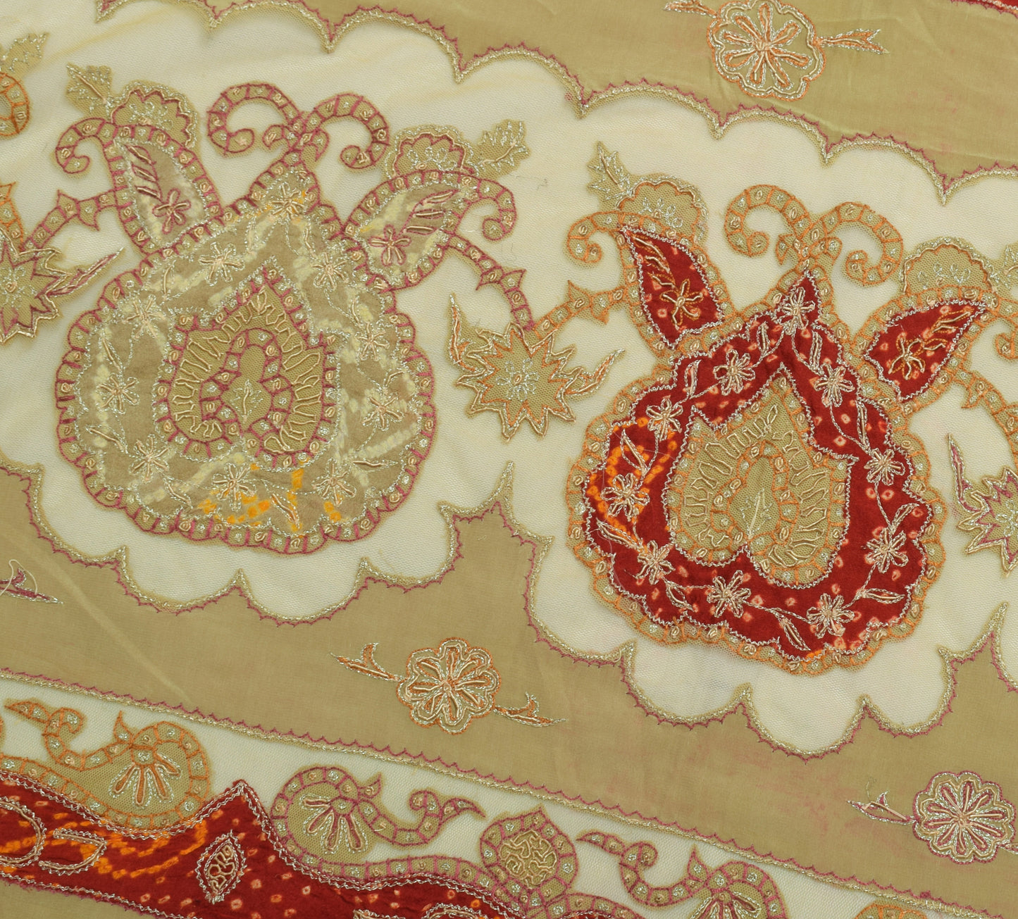 Sushila Vintage Green Sari Remnant Scrap 100%Pure Crepe Hand Beaded Craft Fabric