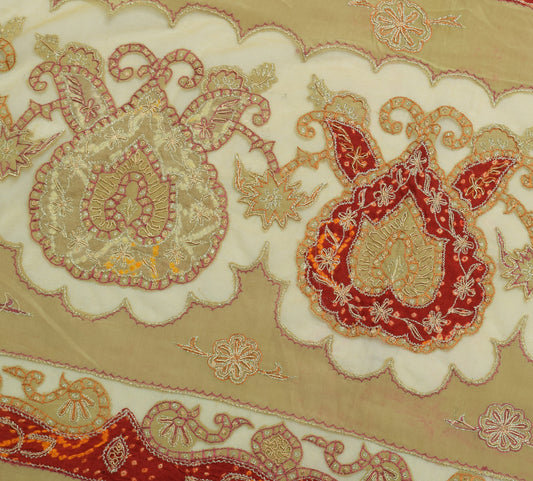 Sushila Vintage Green Sari Remnant Scrap 100%Pure Crepe Hand Beaded Craft Fabric