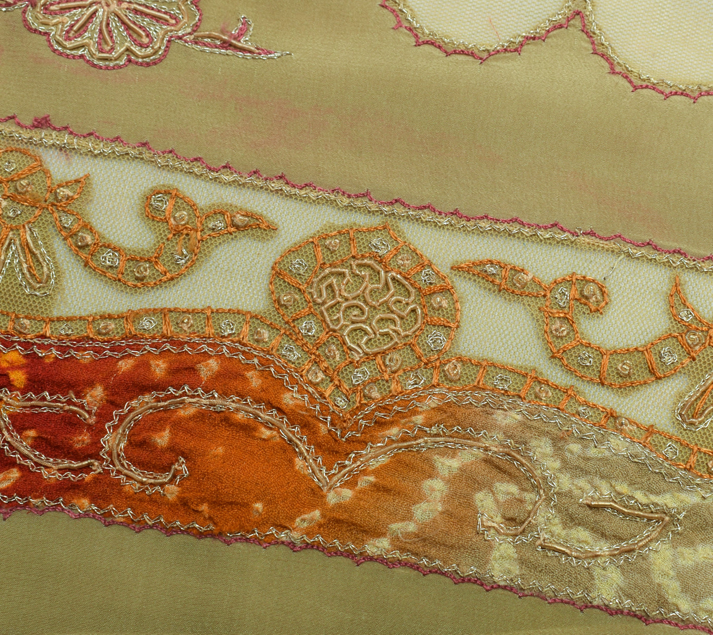 Sushila Vintage Green Sari Remnant Scrap 100%Pure Crepe Hand Beaded Craft Fabric