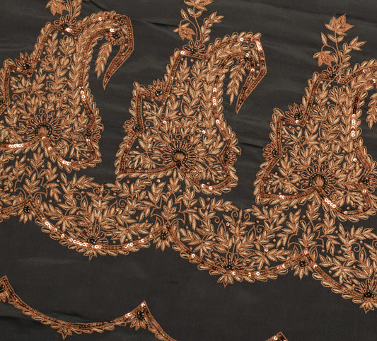 Sushila Vintage Gray Sari Remnant Scrap Art Crepe Hand Embroidered Craft Fabric