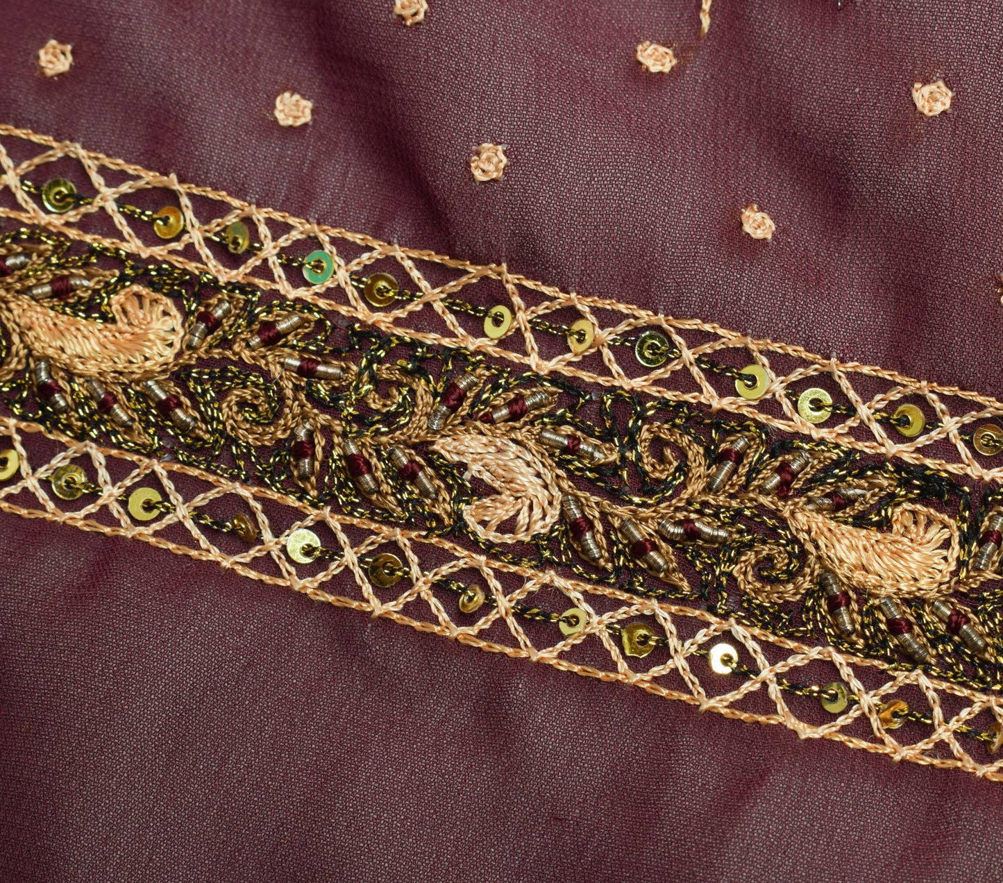 Sushila Vintage Mauve Sari Remnant Scrap Multi Purpose Hand Beaded Craft Fabric