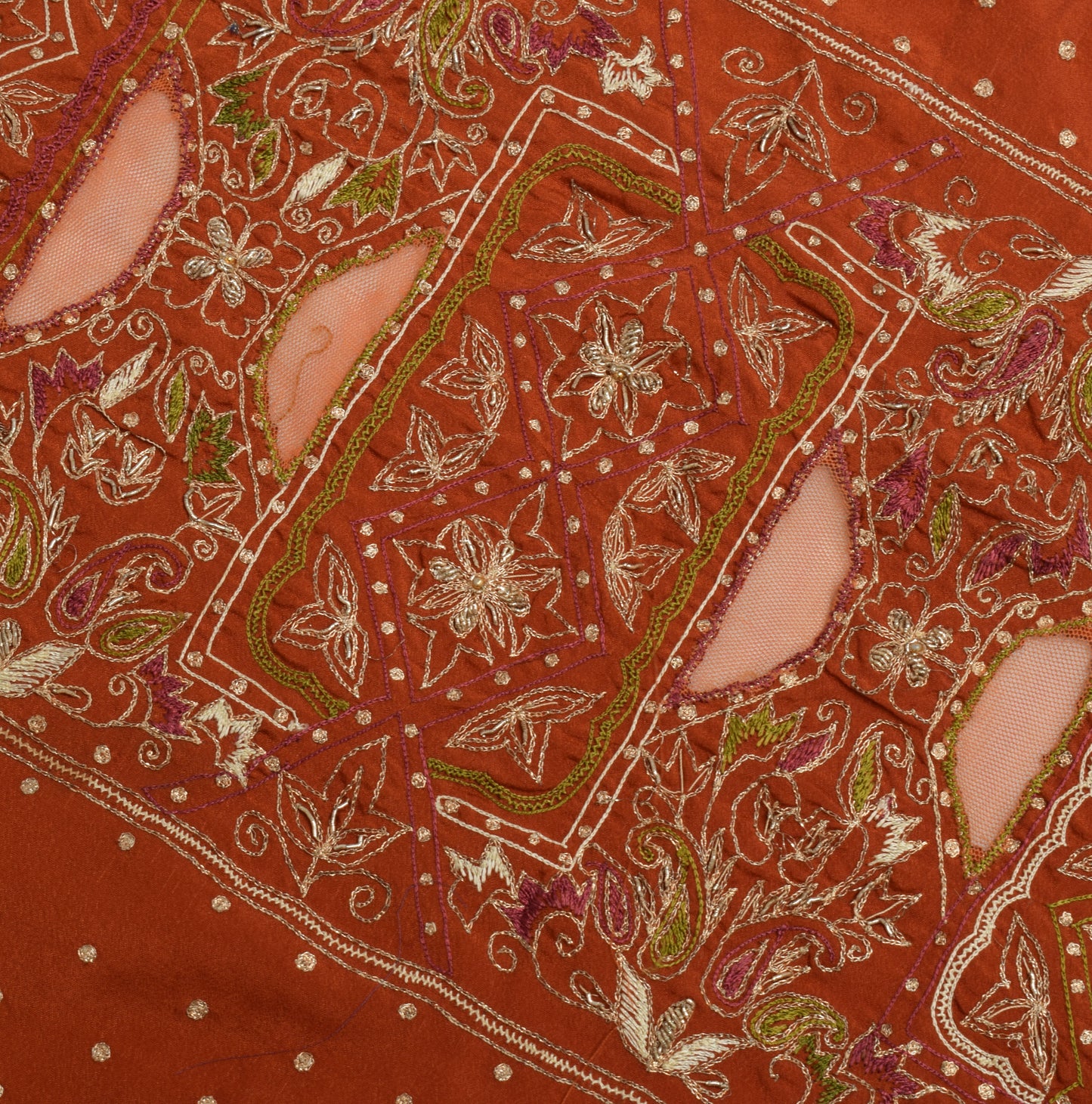 Sushila Vintage Rust Sari Remnant Scrap Multi Purpose Hand Beaded Craft Fabric