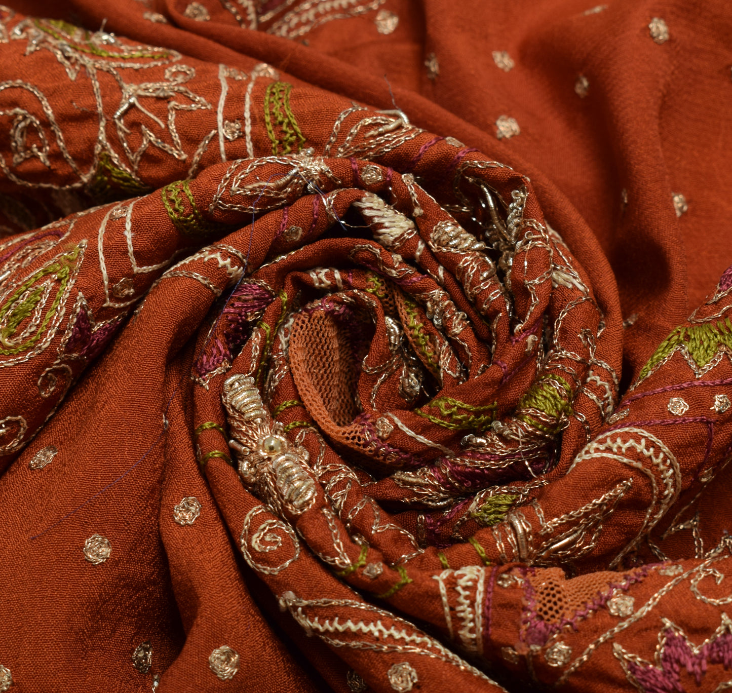 Sushila Vintage Rust Sari Remnant Scrap Multi Purpose Hand Beaded Craft Fabric