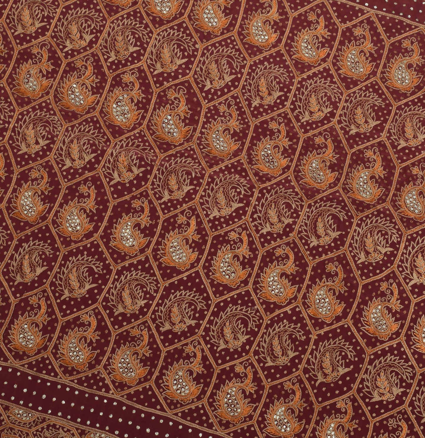 Sushila Vintage Maroon Sari Remnant Scrap Pure Crepe Hand Embroidered  Fabric